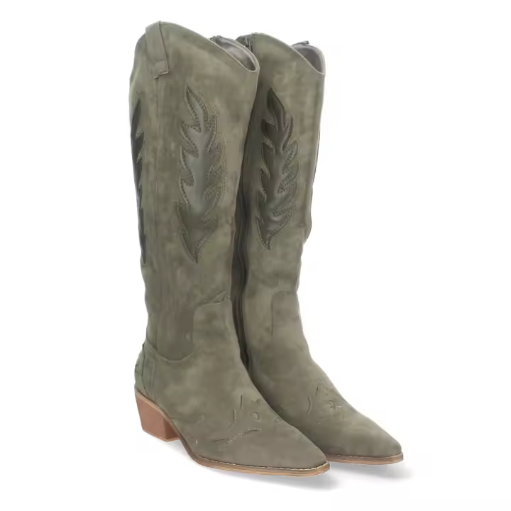 PuntoSalao Botas altas tacón bajo estilo campero para mujer color verde FZ23-10 - 1