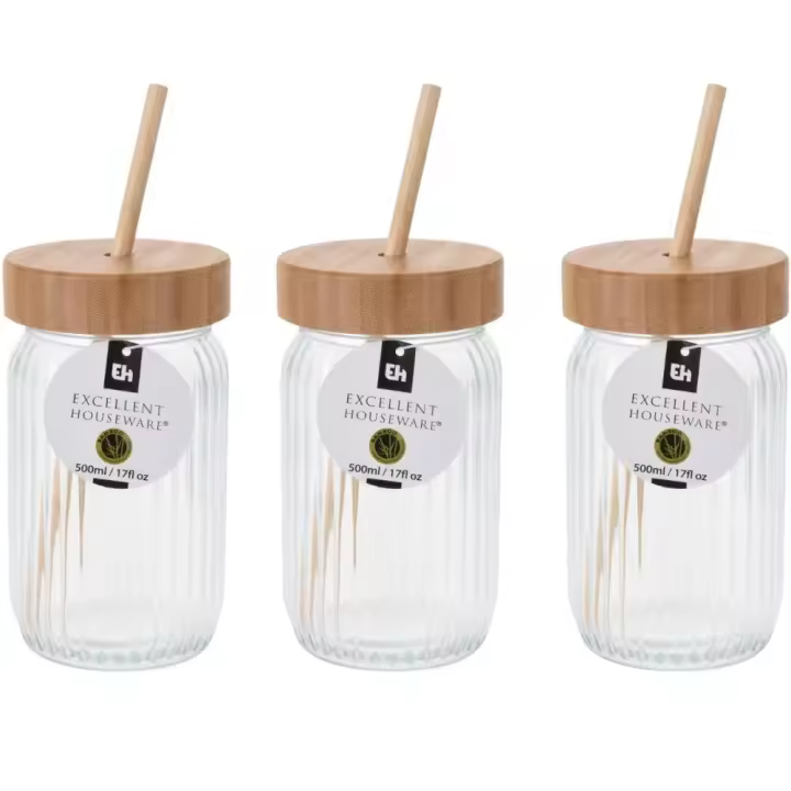 PACK 3 UIDAD Excelente jarra de vidrio para bebidas con tapa de bamboo de 500 ml para el hogar - 1