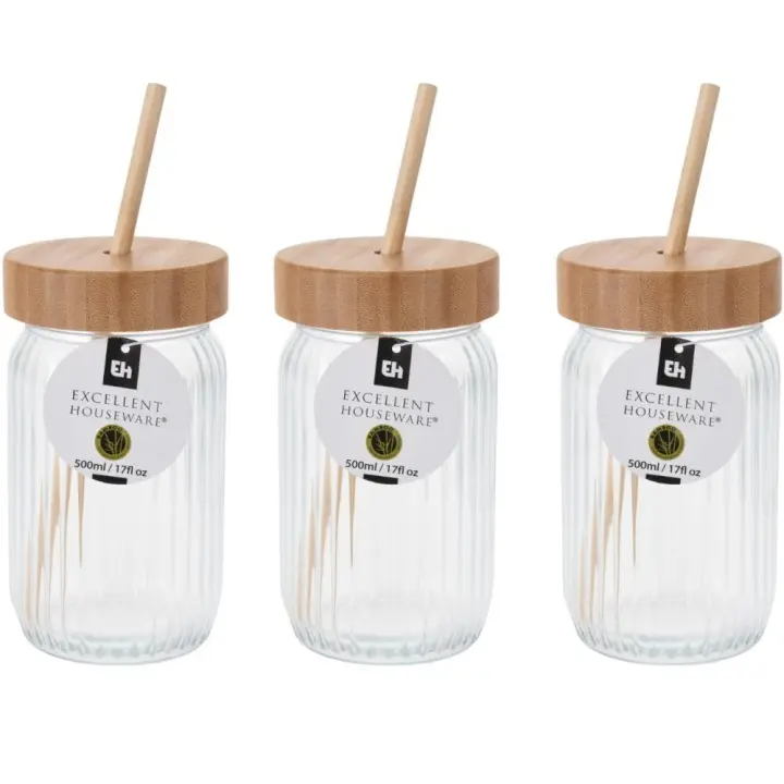 PACK 3 UIDAD Excelente jarra de vidrio para bebidas con tapa de bamboo de 500 ml para el hogar - 1