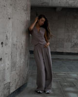 Conjunto de mujer, traje de señora para primavera y verano, chaleco sin mangas con cuello en V, pantalones wide-leg de corte relajado y caída fluida, conjunto casual. - details 12