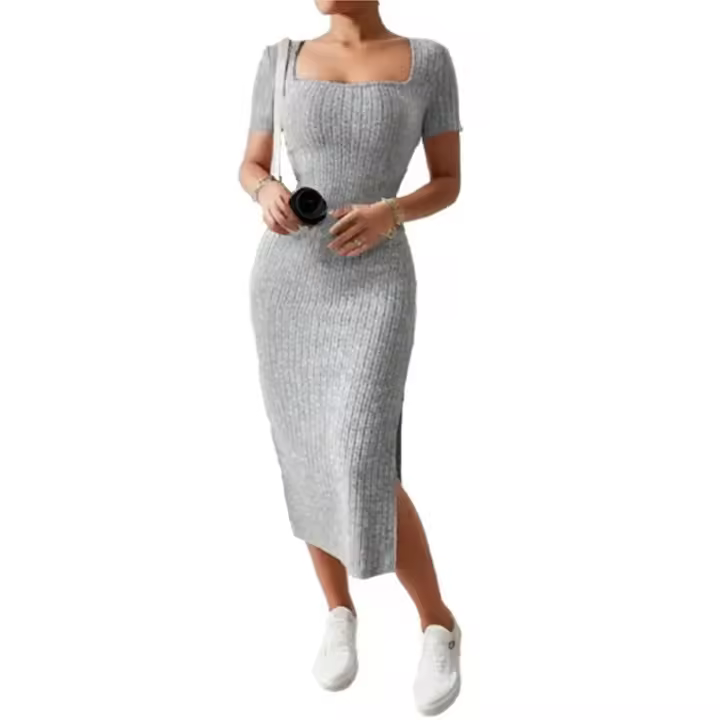 Vestido De Punto Midi Cuello Cuadrado Ajustado En La Cintura Con Abertura Para Mujer Versátil Para Todo El Año Vestido De Oficina - 1