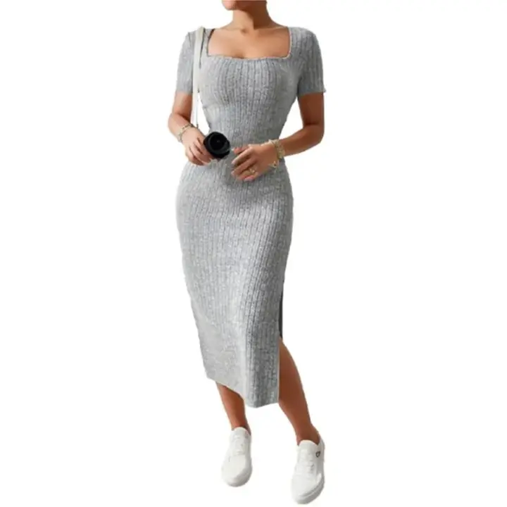 Vestido De Punto Midi Cuello Cuadrado Ajustado En La Cintura Con Abertura Para Mujer Versátil Para Todo El Año Vestido De Oficina - 1