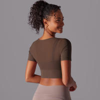 Camiseta de manga corta para Yoga, Top Sexy de Doble Capa, ropa de Malla empalmada, Sujetador Deportivo para correr y Fitness, Color sólido, Mujer - details 4