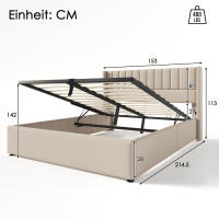 Cama de almacenamiento Cama tapizada Cama Doble hidráulica 140x200cm, colchón de látex, colchón de Muelles, somier de lámparas de Madera, somier de Estructura metálica, ropa de Cama, beige (con colchón) - details 10