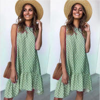Vestido De Polka Dot Con Volantes Para Mujer Sin Mangas Cuello Redondo Corte Largo Casual Vestido De Verano De Polyester - details 3