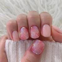 24pcs/set Uñas Postizas Cortas De Acrílico Estilo Francés Con Diseño De Flores Y Mariposas Para La Temporada De Primavera Y Verano Artículos De Belleza Para Uñas - details 24