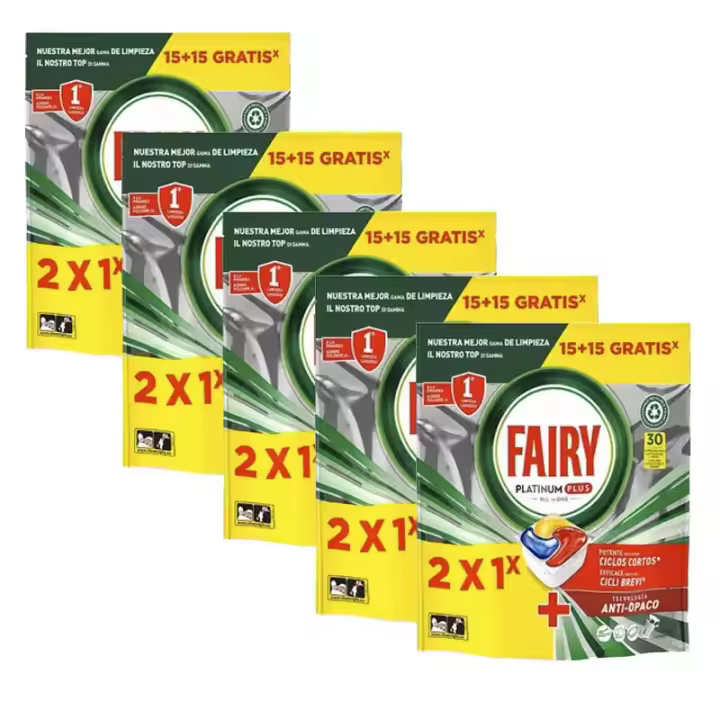 Fairy Platinum Plus All in One 150 Pastillas Lavavajillas, Pack Ahorro 2x1, en total 150 Capsulas, Limpieza Profunda y Extra Brillo, Fragancia Limon - 1