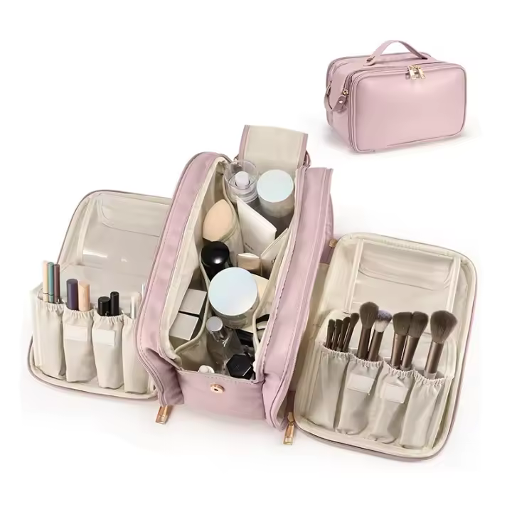 Bolsa de cosméticos de viaje, bolsa de cosméticos portátil, bolsa de almacenamiento impermeable, neceser, soporte vertical independiente para brochas - 1