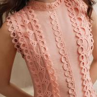 Vestido Mini De Encaje Con Agujeros Huecos Para Mujer Cuello Erguido Sin Mangas Cintura Alta Spliced Botones Estilo Vintage - details 14