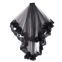 Vela De Novia Negra Con Encaje Corta VINOPROM Para Mujer Doble Capa Estilo De Borde De Encaje Hebilla Incluida Medio Largo - details 3