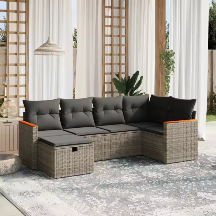 vidaXL Set de muebles de jardín 6 pzas y cojines ratán sintético gris - 1
