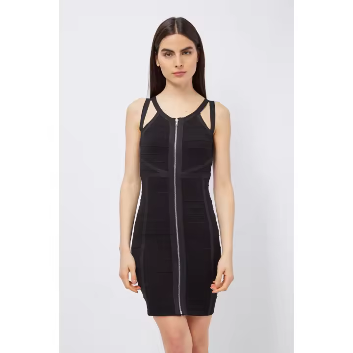LOVE & MONEY Vestido de Punto Negro con Textura y Aplicaciones Decorativas - 1