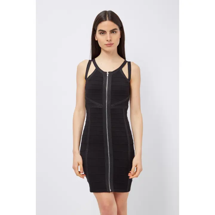 LOVE & MONEY Vestido de Punto Negro con Textura y Aplicaciones Decorativas - 1