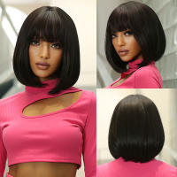 Pelucas Sintéticas Cortas Rectas Para Mujeres Negras Color Marrón Oscuro Con Franja Cosplay Natural Peluca Resistente Al Calor Para Uso Diario - details 5