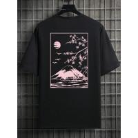 Camiseta De Algodón Casual Para Hombre Estampada Con Cherry Blossom Y Montaña Fuji Estilo Hip Hop Suelta Para El Verano - details 2