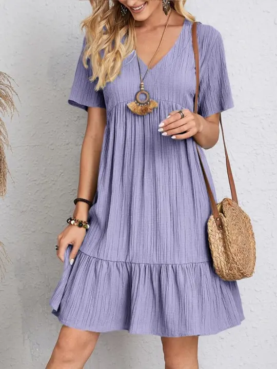 Vestido Bohemio Elegante Para Mujer Verano Casual Suelto Mini Vestido Con Volantes Y Cuello En V Vestido De Playa Chic Para Fiesta - 1