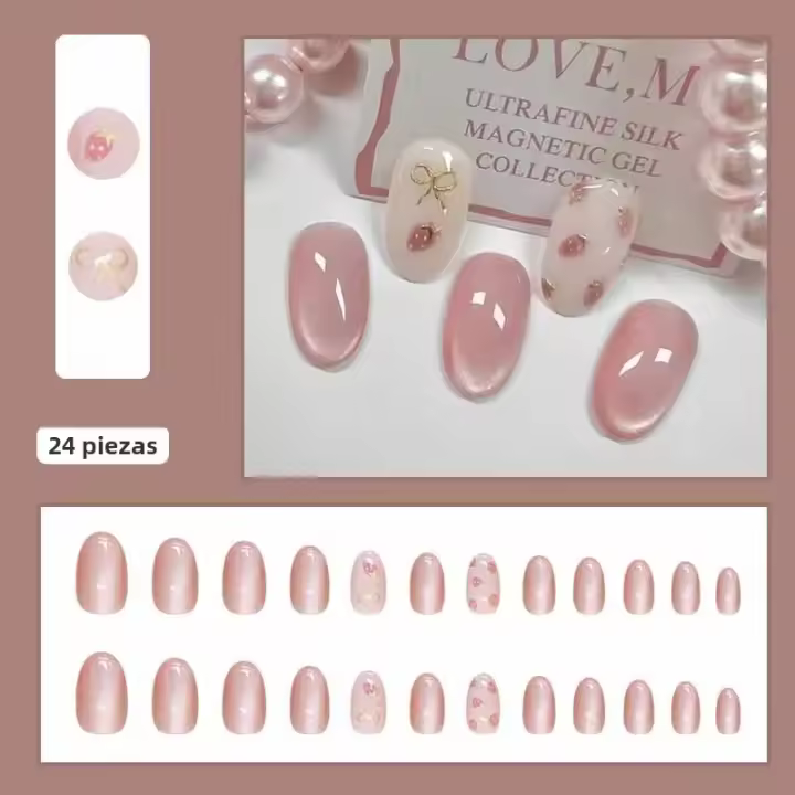 Uñas Postizas De Pestaña De Gato 24 Pcs Con Lazo Frescas Y Deliciosas En Forma De Fresa Mediana Elliptical Desmontables Para Fiesta - 1