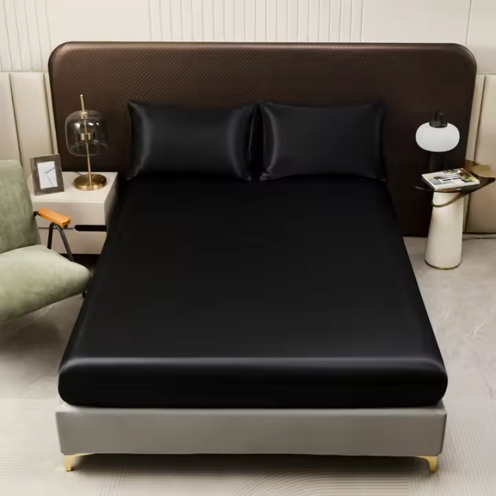 Sábana De Seda Helada En Color Sólido Talla Twin Full Queen Con Banda Elástica Sábana De Cama Natural Sin Funda De Almohada 100% Poliéster 400TC - 1