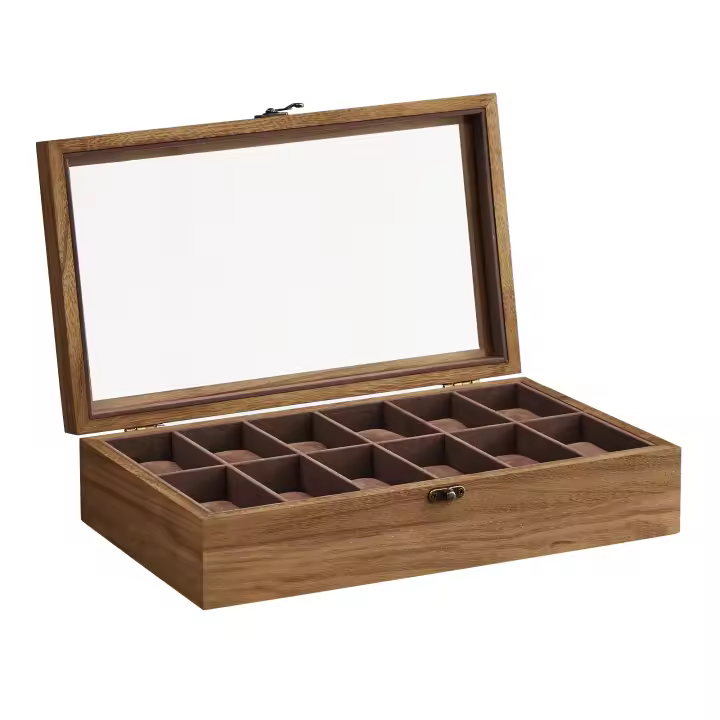 SONGMICS Caja para Relojes con 12 Compartimentos, Caja para Relojes de Madera Maciza, con Tapa de Cristal, Cojín para Relojes, Regalo para Queridos, Nogal Rústico/Negro Ébano - 1