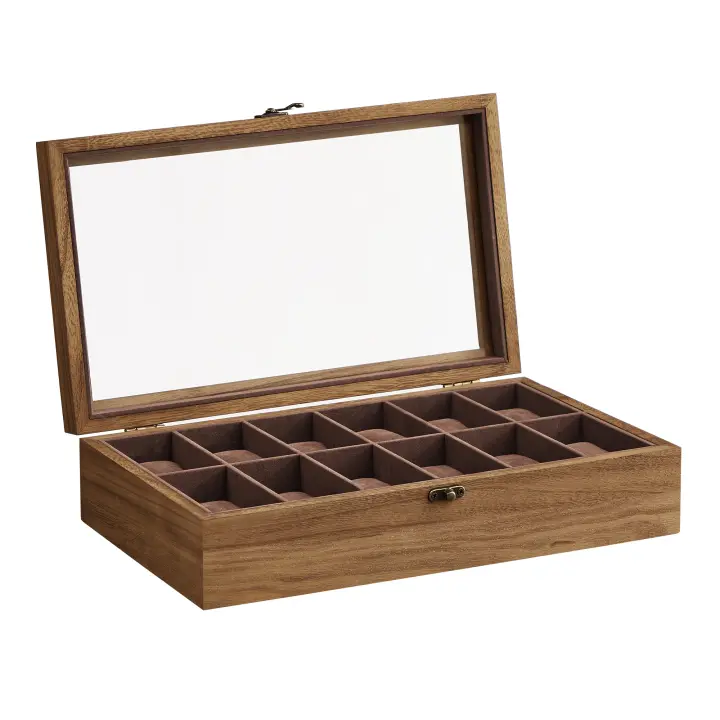 SONGMICS Caja para Relojes con 12 Compartimentos, Caja para Relojes de Madera Maciza, con Tapa de Cristal, Cojín para Relojes, Regalo para Queridos, Nogal Rústico/Negro Ébano - 1