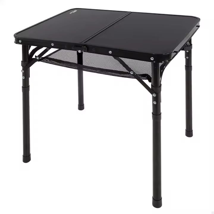 Aktive - Mesa baja exterior, 60x45x27/56 cm, color negro, ajustable en altura, topes antideslizantes, asas de transporte, cierre de seguridad, incluye red auxiliar desmontable, peso soportado 30 kg, mesa plegable, mesas de camping, playa y jardín - 1