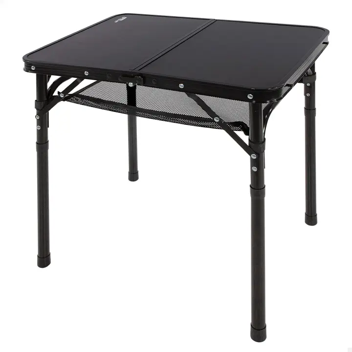Aktive - Mesa baja exterior, 60x45x27/56 cm, color negro, ajustable en altura, topes antideslizantes, asas de transporte, cierre de seguridad, incluye red auxiliar desmontable, peso soportado 30 kg, mesa plegable, mesas de camping, playa y jardín - 1