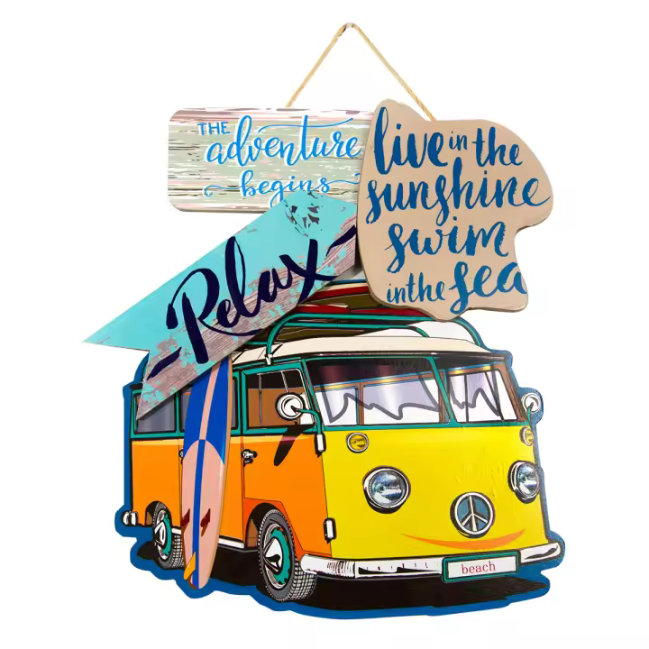 CAPRILO REGALOS & DECORACIÓN  Adorno Decorativo de Madera "Furgoneta con Tabla Surf-Aventura". Cuadros y Apliques. Decoración Hogar. Verano. Regalos Originales. 38 x 2 x 41 cm - 1
