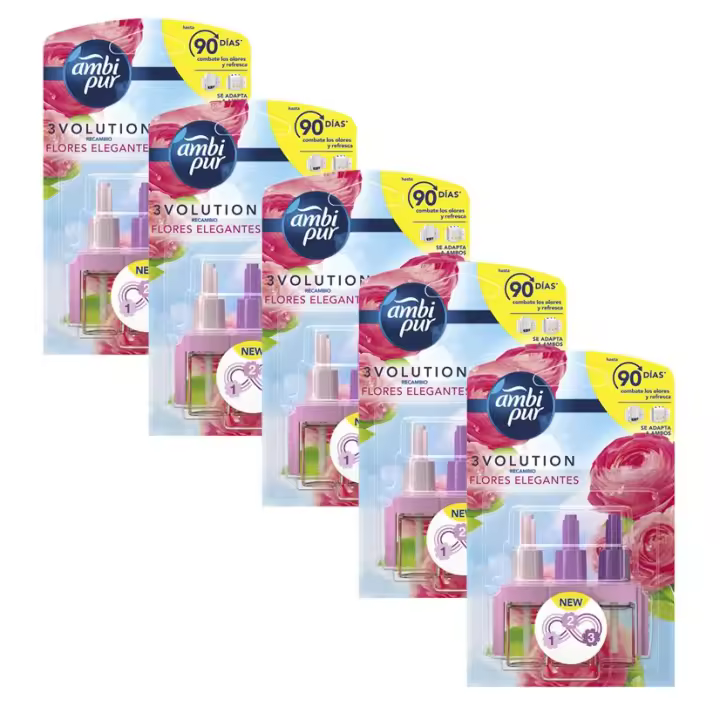Ambi Pur | 3Volution Flores Elegantes Recambio De Ambientador Eléctrico, 3 Aromas Que Se Alternan Para Combatir Los Olores 5x21ML - 1