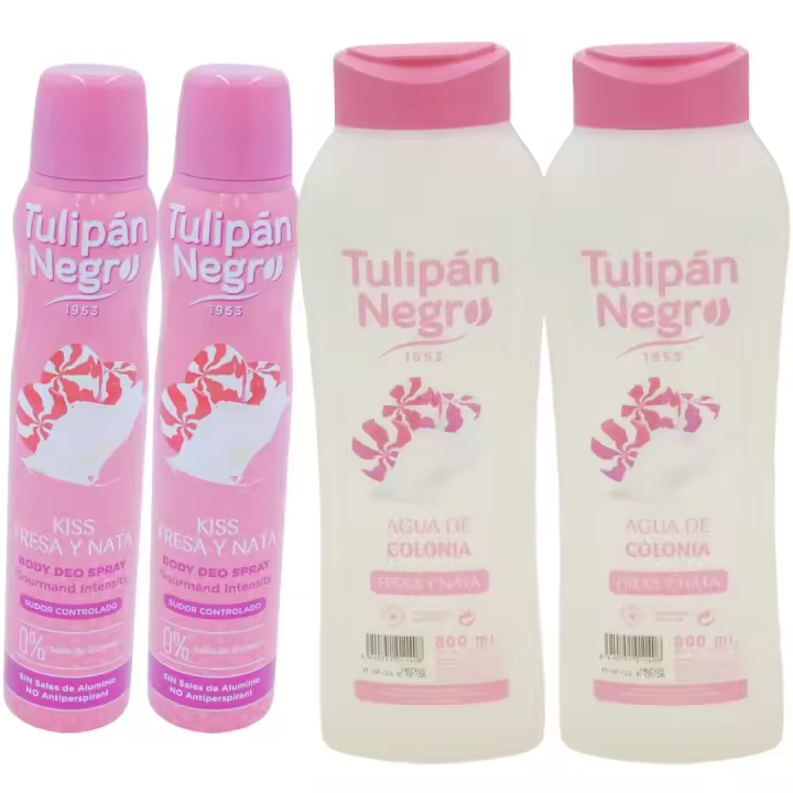 Tulipan Negro Pack Kiss Fresa y Nata – Desodorante 200ml + Agua de Colonia 800ml. Dúo de Fragancias Dulces con Notas de Pastelería, Frutos Rojos y Dulzura. Cuida tu Piel con el Aroma Irresistible de Fresa y Nata. - 1