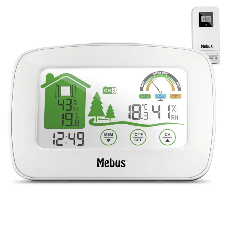MEBUS funkgesteuerte Wetterstation mit Außensensor, Thermometer/Hygrometer (innen/außen), Wohlfühlindikator bewertet Raumklima, Min-/Max-Funktion, Beleuchtung, Wecker, Farbe: Weiß, Modell: 40903 - 1