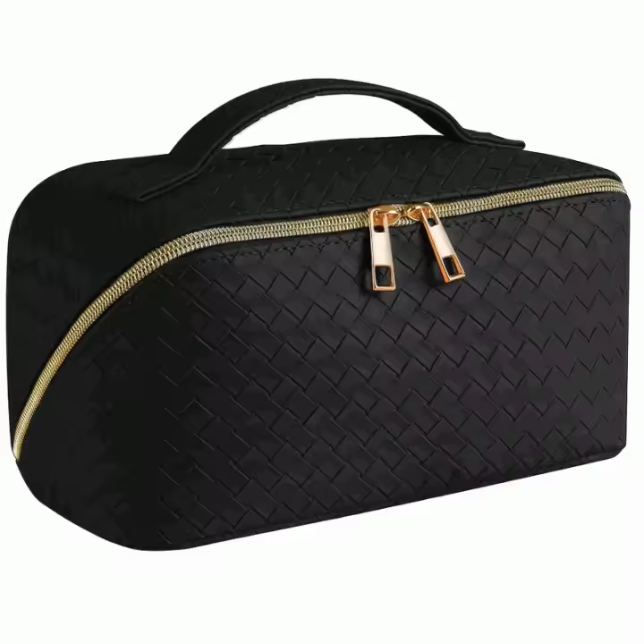 IMAXWAVE Neceser de Viaje Grande, Diseño Trenzado, Negro con Cremallera Dorada, Asa Superior, Bolsa de Cosméticos, Estuche de Maquillaje, Organizador de Aseo, Neceser de Maquillaje - Negro - 1