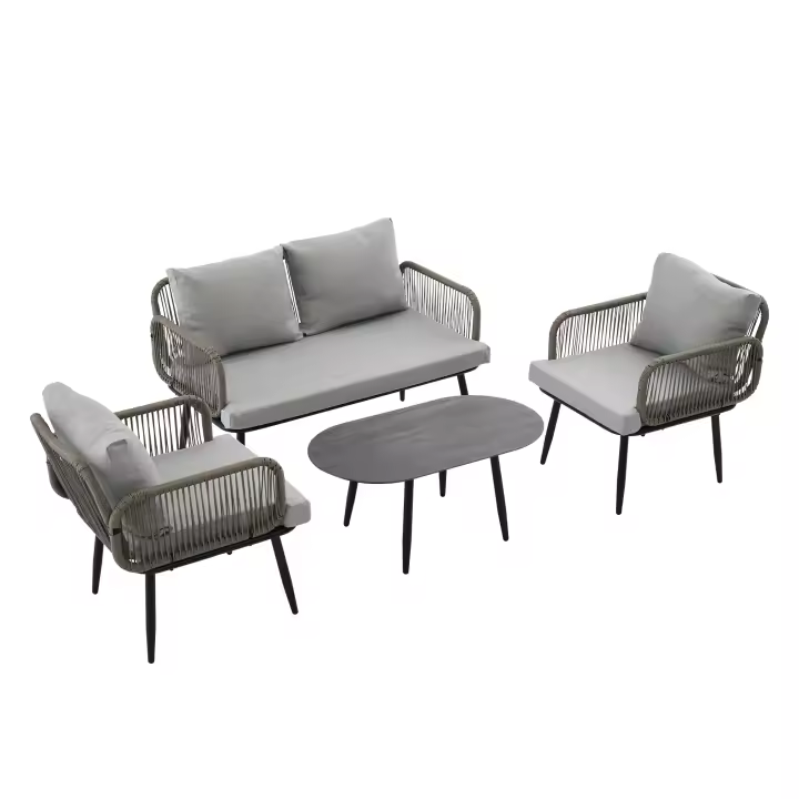 Conjunto chaise longue de Jardín, Conjunto de muebles de Jardín con cojines, de 2 plazas Sofá, 2 sillones y Mesa de Centro, Cuerda Tejida by hand, Tapa de Cristal veteado, Maple vanizado, Gris - 1