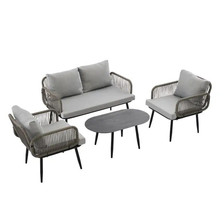 Conjunto chaise longue de Jardín, Conjunto de muebles de Jardín con cojines, de 2 plazas Sofá, 2 sillones y Mesa de Centro, Cuerda Tejida by hand, Tapa de Cristal veteado, Maple vanizado, Gris - 1