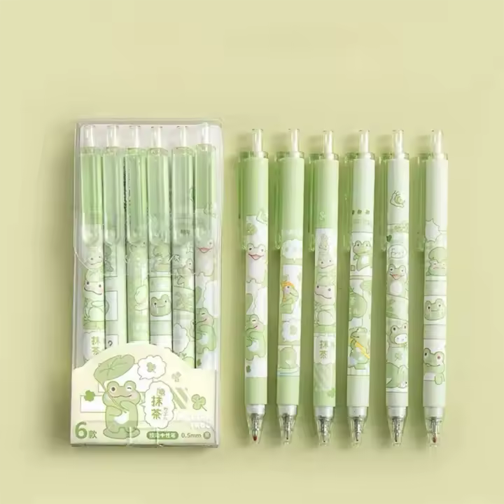 6 Piezas De Bolígrafos De Plástico 0.5mm Negros Con Diseño De Rana Lindo Suministros Escolares Kawaii Para Escritura - 1