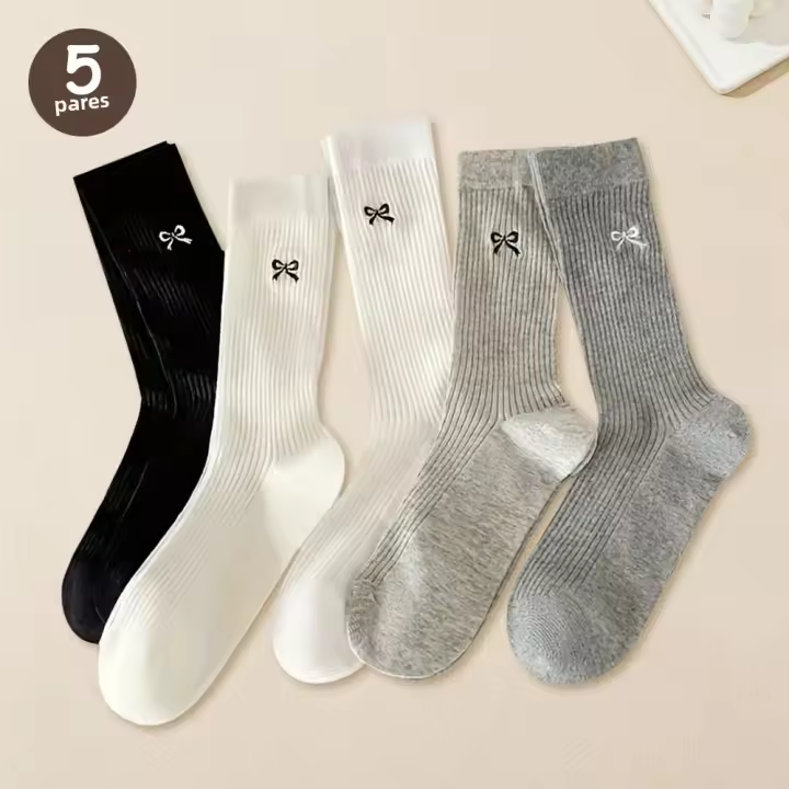 Calcetines De Malla Transpirable Para Mujer 5 Pares Calcetines Intermedios Veraniegos Delgados Con Gran Lazo Bonitos Y Cómodos - 1