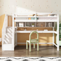 Cama Alta para niños with Escalera de almacenamiento 90*200cm, Madera maciza + MDF, Litera, Cama para niños with esritorio Grande y Estantería, Pintura Ecológica, Blanco - details 0