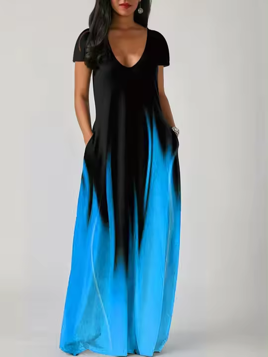 Vestido Casual De Verano Para Mujer Largo Con Bolsillos Estampado Suelto Cuello En V Manga Corta Vestido De Poliéster - 1