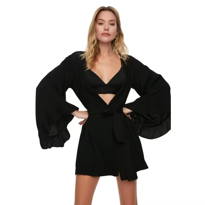 Trendyol Black Belted Woven Flounce Mini Beach Kimono&Caftan Tbess21Km0002 - 1