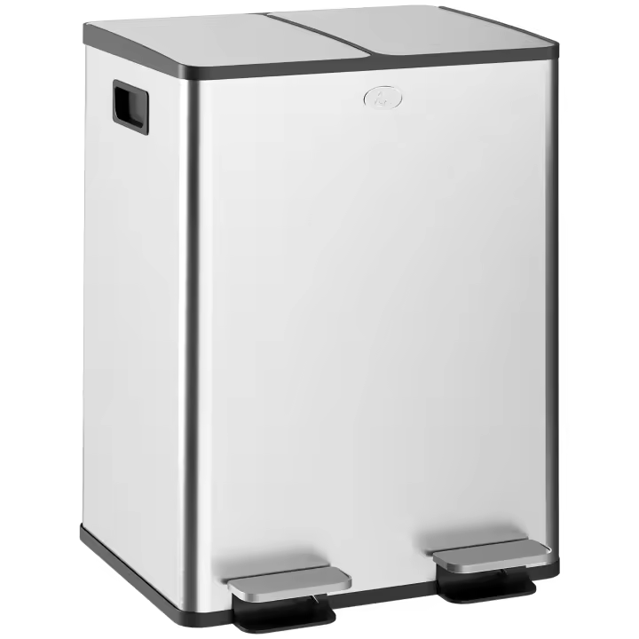 HOMCOM Cubo de Basura de Cocina con 2 Compartimentos Papelera de Cocina de Acero Inoxidable con Pedal Tapas de Cierre Suave y Cubo Extraíble para Dormitorio Oficina Salón Plata - 1