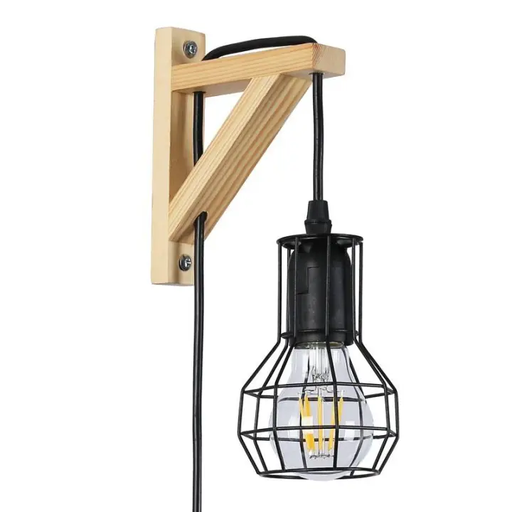 ALPINALUZ Lámpara de Pared de Madera con Interruptor de Enchufe Cob Jaula - Estilo Rústico Vintage - 1