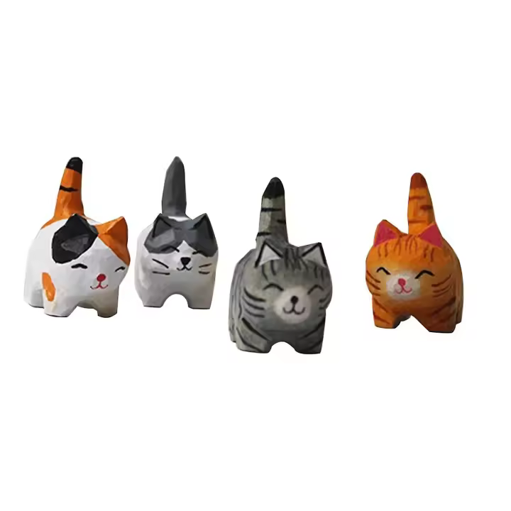 Gatos de madera estatuas escultura estatuas precioso pequeño tallado naranja gatos estatuas hecho a mano madera gatito - 1