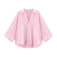 Camisa Asimétrica de Verano para Mujer – Estampado a Rayas, Mezcla de Lino, Mangas Anchas Rizadas, Cuello Versátil, Estilo Informal y Fresco - details 9