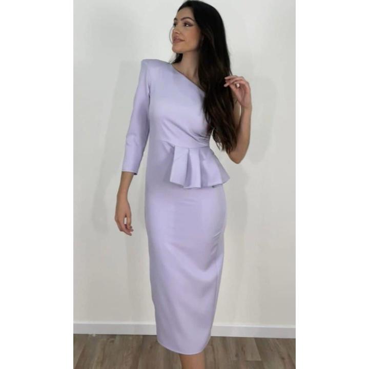 Vestido midi lila elegante asimétrico con volantes y manga 3/4 para eventos y ocasiones especiales