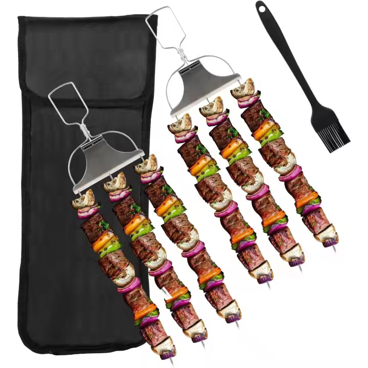 brochetas de 3 vías para asar, brochetas de acero inoxidable para barbacoa con barra deslizante, brochetas reutilizables para kebab, accesorios para barbacoa con cepillo de aceite - 1