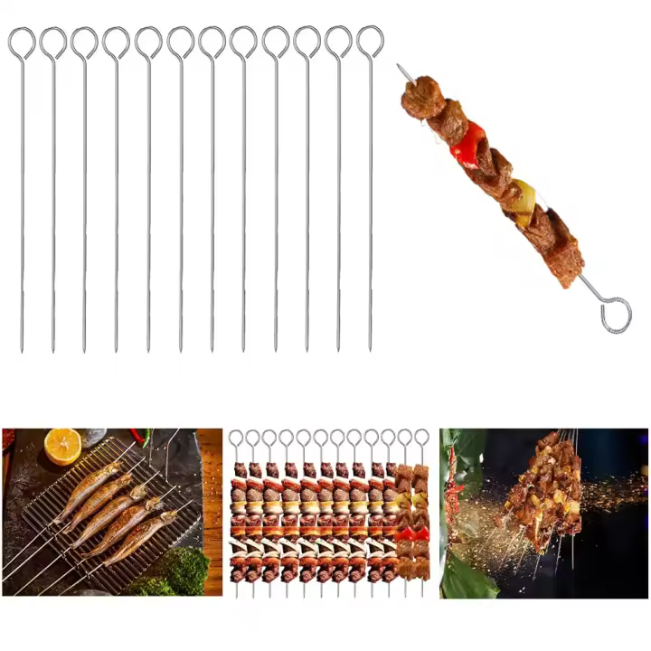 12 brochetas de metal para barbacoa, para Comida, carne, kebab, parrilla, carne, barbacoa, paquete de 12 - 1