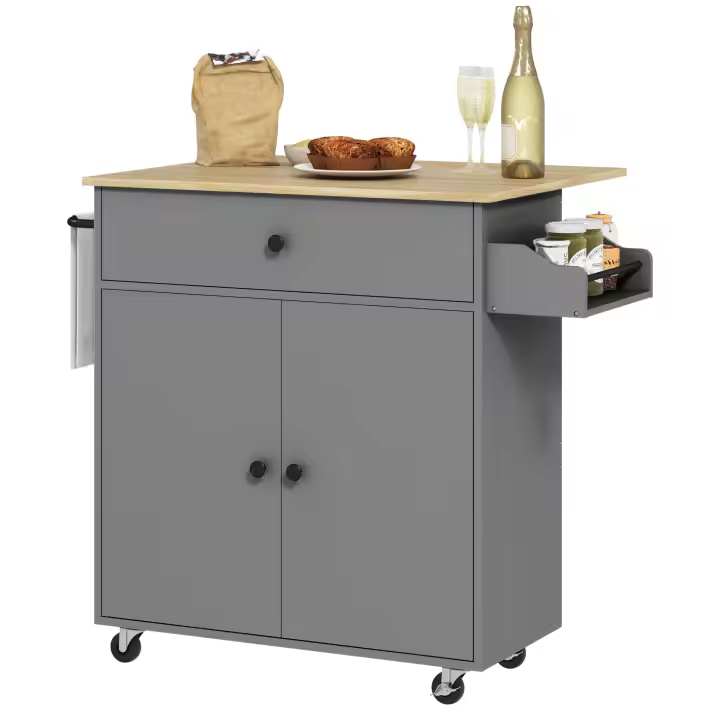 HOMCOM Isla de Cocina con Ala Abatible Carrito de Cocina Mueble Auxiliar de Cocina con Ruedas 2 Puertas Cajón Especiero Toallero y Estante Ajustable 106x42x87 cm Gris y Roble - 1