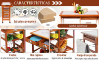 Carrito para Cocina Multifuncional Carrito Auxiliar de Madera con Gran Espacio de Almacenaje Cajones Cestas Estantes 4 Ruedas Freno - details 3