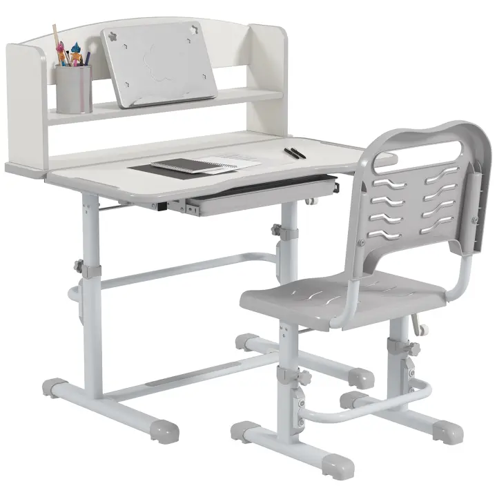 ZONEKIZ Juego de Escritorio y Silla para Niños de 6-12 Años Pupitre Infantil Altura Ajustable con 1 Cajón 1 Estante para Libros y Ángulo de Mesa Ajustable 80x54,5x82-104 cm - 1
