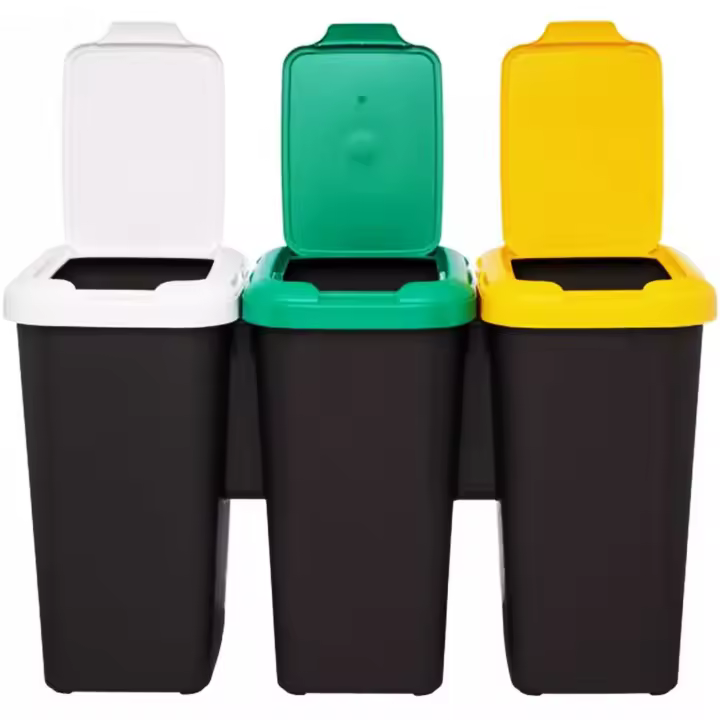 BricoLoco.com Conjunto de 3 cubos de basura de reciclaje para la organización de los residuos. Tapa manual, cierre de presión. Blanco, verde y amarillo. Capacidad total 75 lts. Cubos de basura - 1