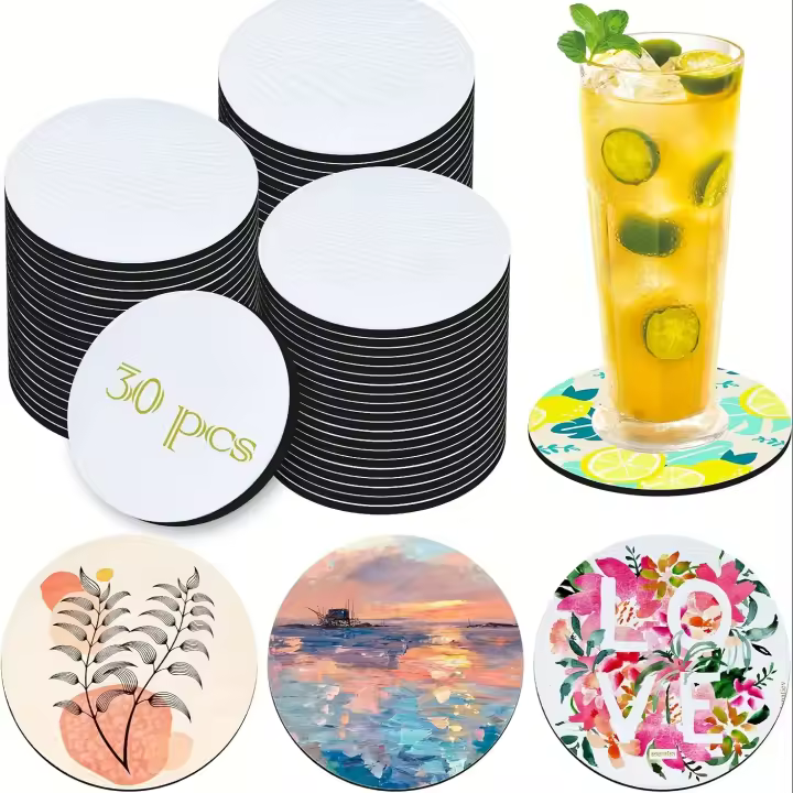 30PCS Coasters De Sublimación Lavables 10cm Suaves Anti-Derrame Bendecibles Para DIY Ocasiones Festivas - 1